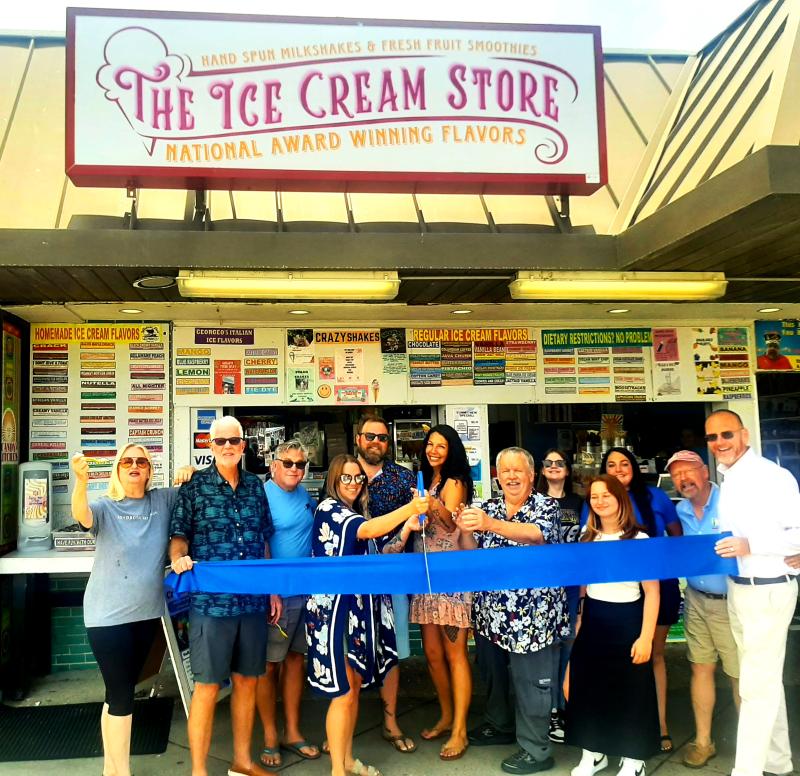 The Ice Cream Store ribbon-cutting attendees shown are (l-r) Sandra Skidmore, RBMS board member; Dick Byrne, RBMS president; Stephen Scheffer, RBMS board member; Aileen Hearn; Kyle Ten Eyck; Rachel Johnson, general manager; Chip Hearn, owner; Kali Butler, manager; Bella Gentile, manager; Kate Sharp, general manager; Jerry Filbin, RBMS board member; and Terry Kistler, RBMS board member. SUBMITTED PHOTO